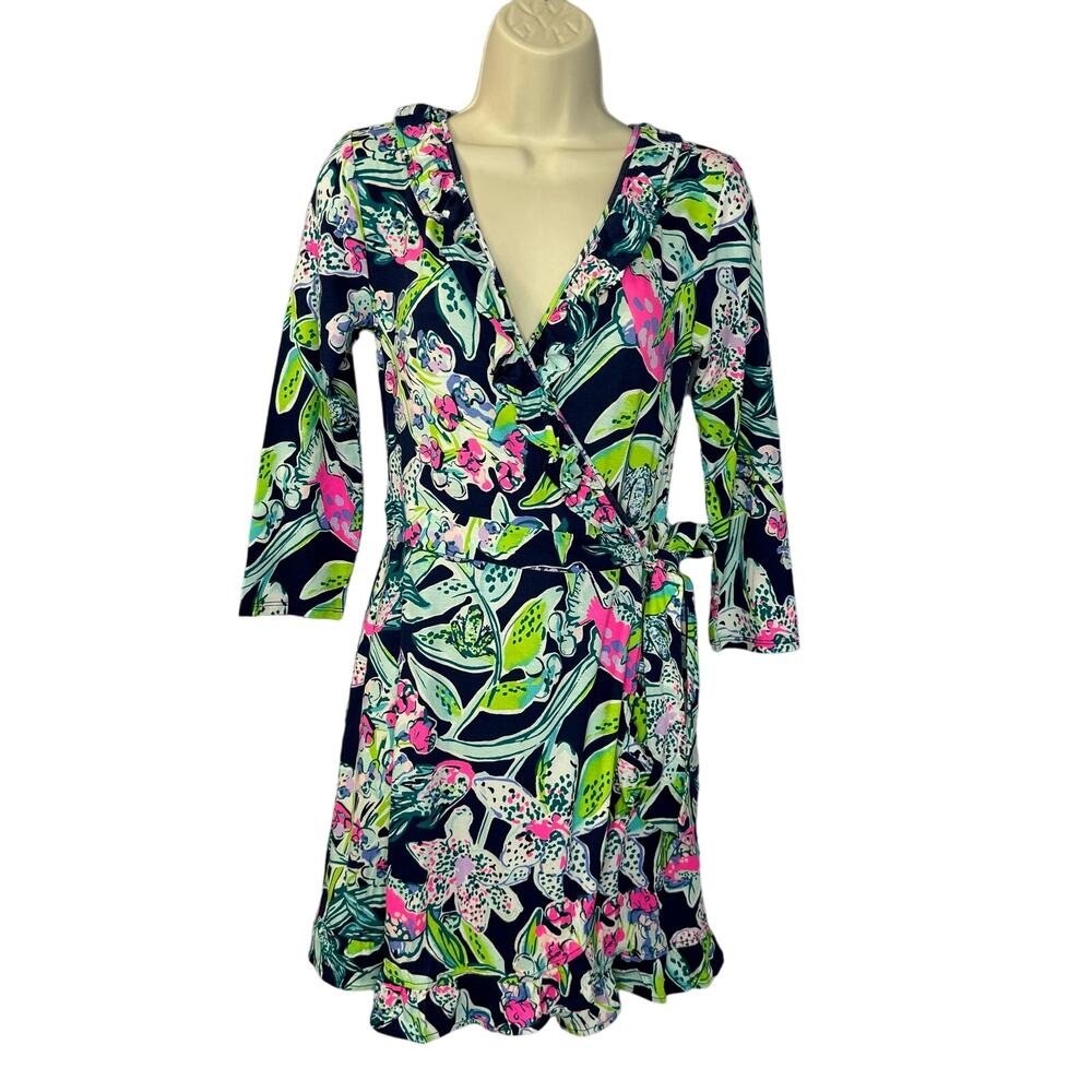 Lilly Pulitzer Jessalynne Wrap Romper Bright Navy Sway This Way Floral Small New - Picture 2 of 16
